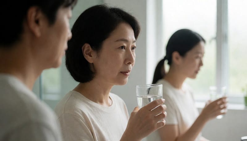 물을 마시며 불편한 표정을 짓는 여성