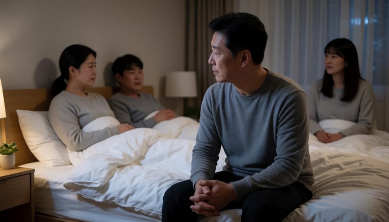 밤중에 옆구리 통증으로 괴로워하는 남성의 모습