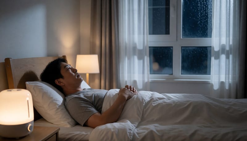 창가 침실에서 밤에 잠들지 못하는 중년 남성