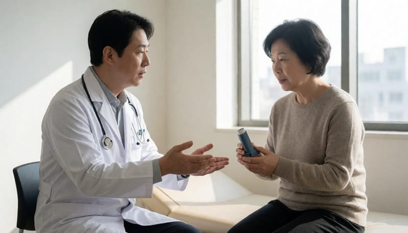 병원에서 흡입기를 들고 의사와 상담하는 환자