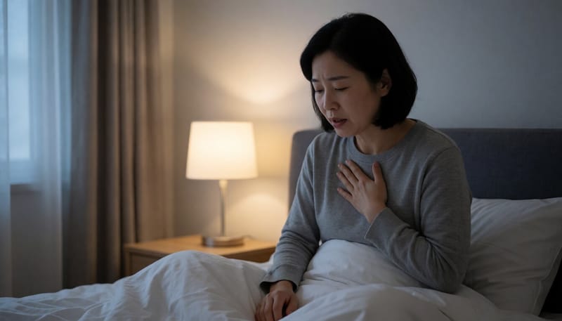 밤에 침대에서 기침하며 가슴을 짚은 여성