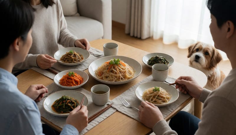 추석 상차림 나물 반찬 옆에 앉아 있는 반려견
