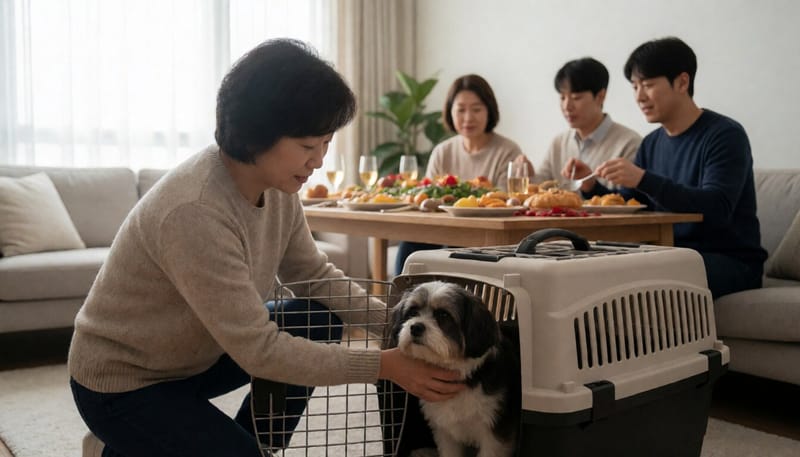 명절 식사 시간 이동장에 들어가는 반려견