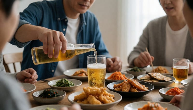 맥주를 잔에 따르며 안주와 함께 즐기는 모습