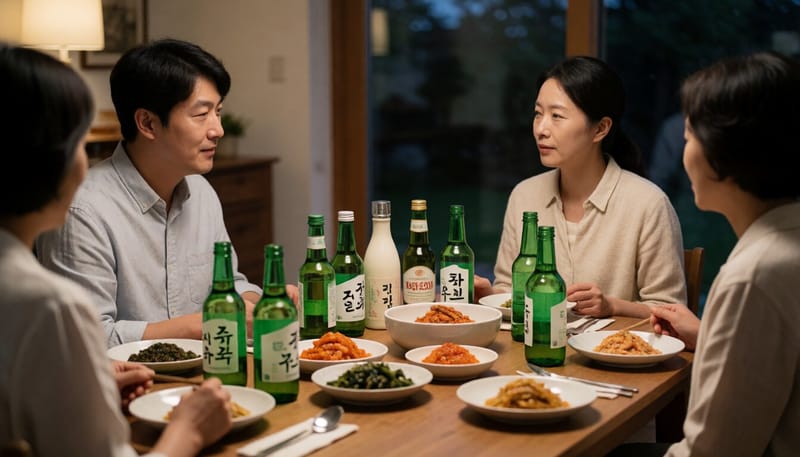 추석 명절 술자리에서 다양한 술과 안주가 차려진 상차림 모습