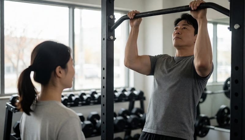 턱걸이 바에서 천천히 몸을 내리는 네거티브 훈련 모습