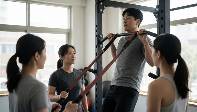 헬스장에서 저항 밴드를 걸고 턱걸이를 연습하는 남성의 모습