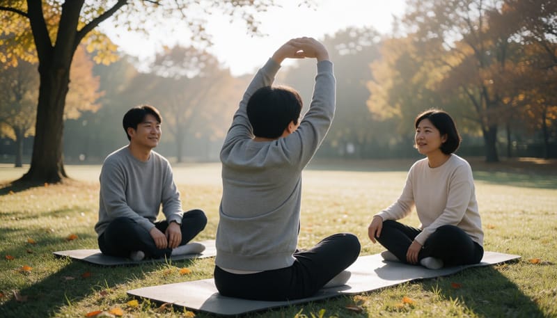 공원에서 운동 전 스트레칭을 하는 사람의 모습