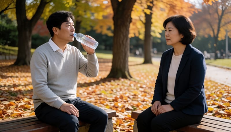 운동 중 벤치에서 물을 마시는 사람의 모습