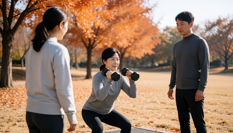 가을 공원에서 덤벨을 들고 스쿼트 자세를 취하는 사람의 모습