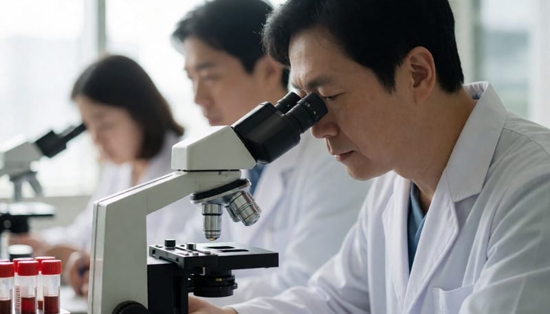 실험실에서 혈액 샘플을 분석하는 연구자의 모습