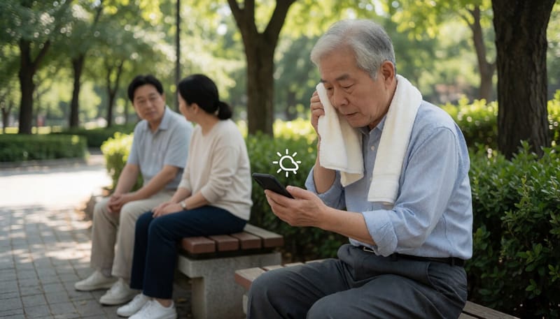 폭염 속 그늘에서 휴식하며 날씨 정보를 확인하는 노인