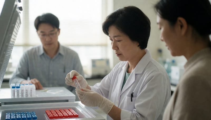 병원 연구실에서 검체를 보관하는 연구원의 모습