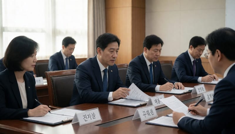 정부 관계자들이 회의 탁자에 둘러앉아 논의하는 모습