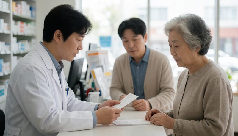 약국에서 약값 영수증을 설명하는 약사와 고객