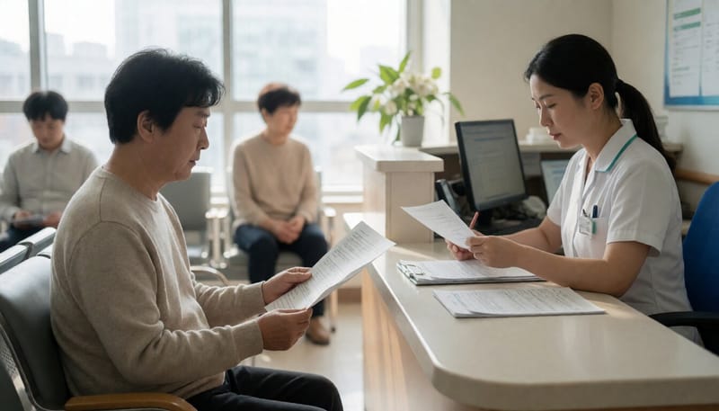 병원 대기실에서 진료 서류를 살펴보는 환자와 간호사
