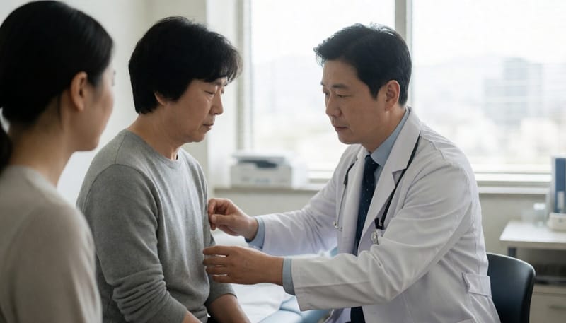 의료진이 환자의 몸을 살피며 진드기 물린 자국을 확인하는 모습