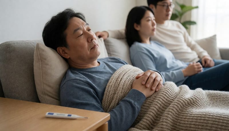 고열로 힘들어하는 남성이 집에서 체온계를 옆에 두고 쉬고 있는 모습