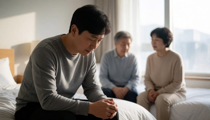 침대에 앉아 허리와 허벅지를 짚으며 통증을 느끼는 남성