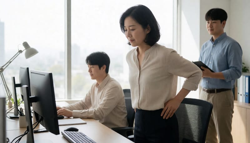 사무실에서 자리에서 일어나 허리를 펴며 스트레칭하는 여성