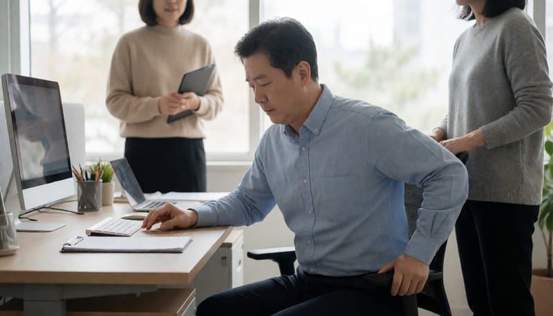 사무실 의자에서 일어나며 허리를 짚고 통증을 느끼는 남성