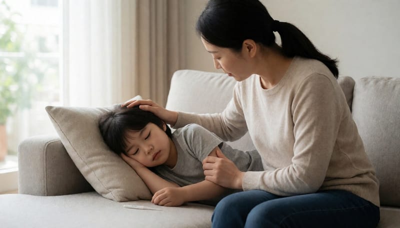 고열로 힘들어하는 아이를 돌보는 보호자의 모습