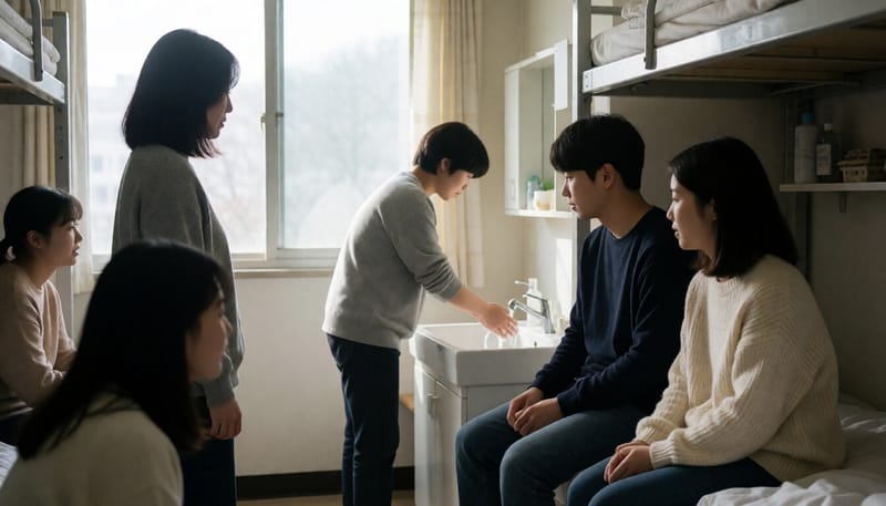 기숙사 등 밀집 생활 환경에서 손을 씻는 모습