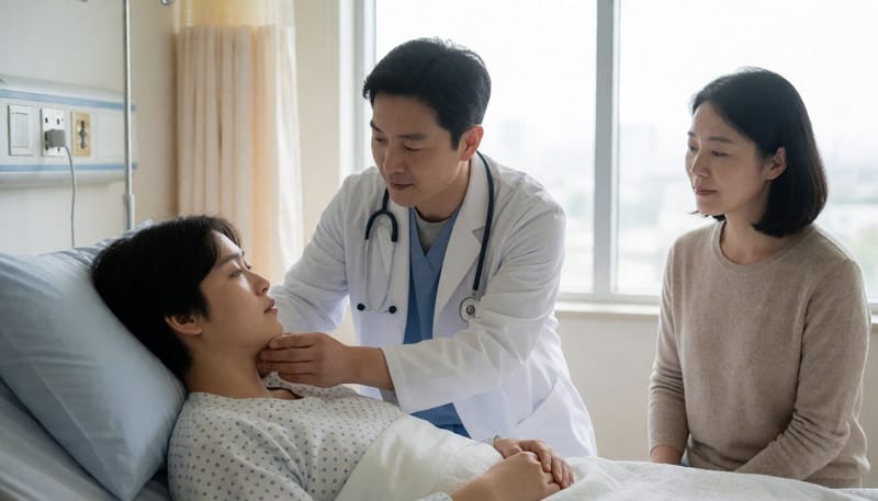 병원 침대에 누운 환자의 목 상태를 살피는 의료진의 모습