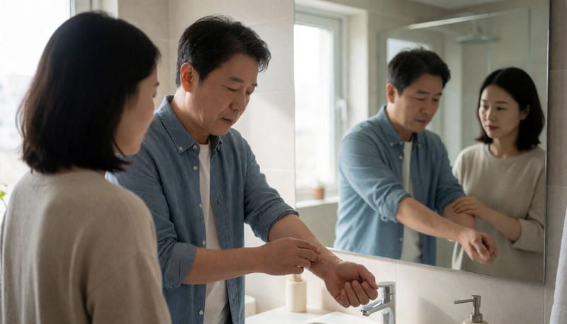 중년 남성이 거울 앞에서 팔에 만져지는 혹을 살펴보는 모습