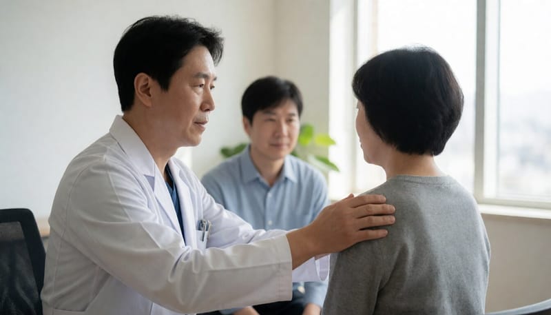의사가 환자의 어깨 부위를 촉진하며 진찰하는 모습