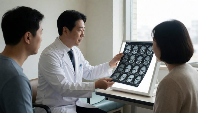 의사가 허리 MRI 영상을 살펴보는 모습