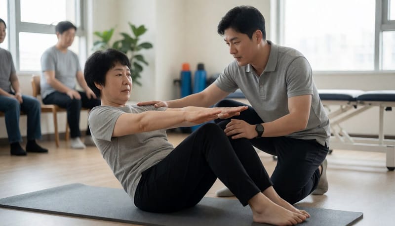 재활치료사와 함께 코어 근육 운동을 하는 모습