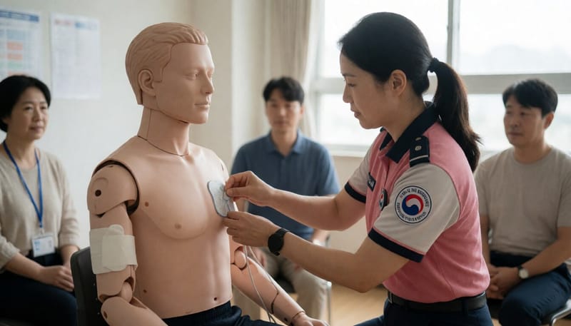 자동심장충격기 패드를 부착하는 모습