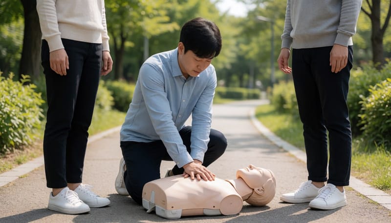 공원에서 심폐소생술 자세를 취하고 있는 시민
