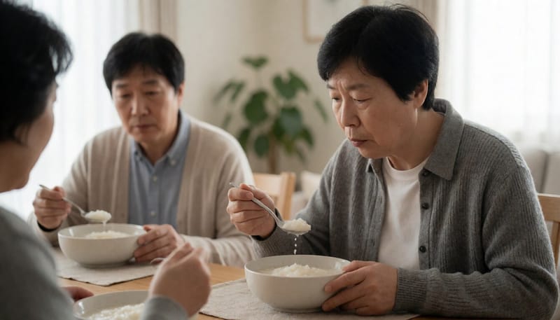 임플란트 치료 중 부드러운 음식을 먹는 모습