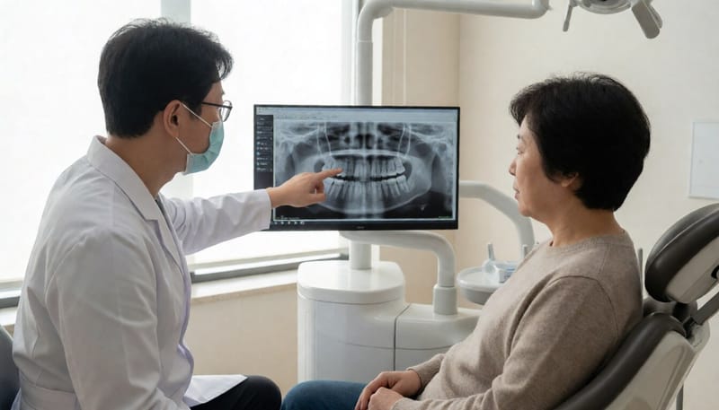 치과에서 임플란트 엑스레이를 보며 상담받는 환자