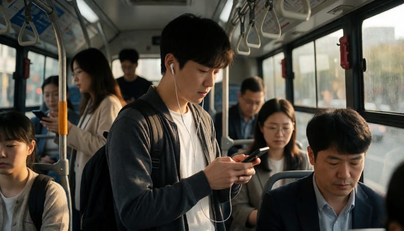버스에서 이어폰 볼륨을 조절하는 승객