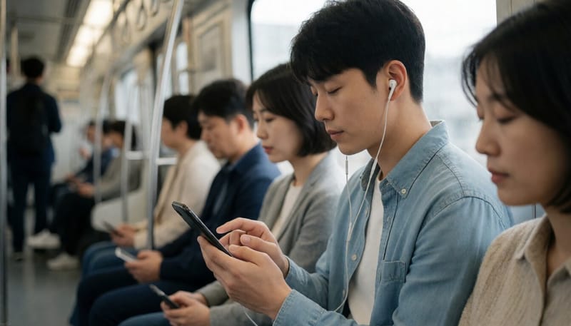 지하철에서 이어폰 볼륨을 조절하는 남성