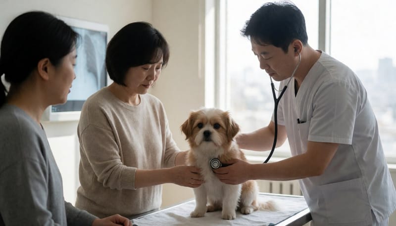 동물병원에서 소형견을 진료하는 수의사