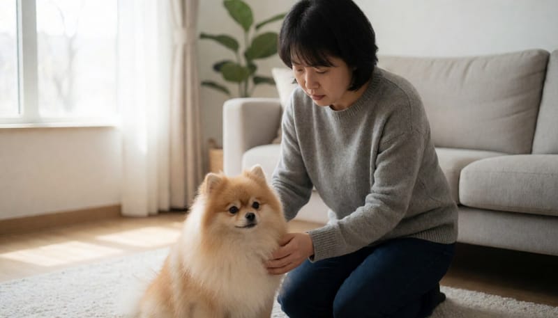 기침하는 소형견을 걱정스럽게 지켜보는 보호자