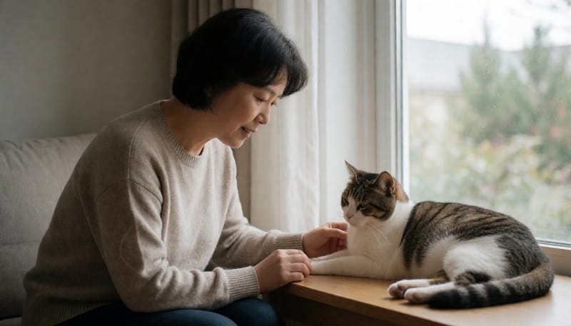 집 안에서 편안하게 쉬고 있는 고양이와 지켜보는 보호자