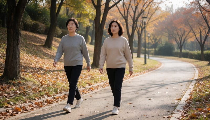 공원에서 빠르게 걷는 사람과 천천히 걷는 사람이 나란히 걷는 모습