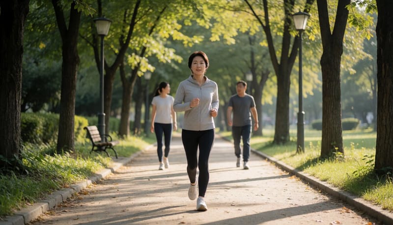 공원에서 빠른 걸음으로 걷고 있는 여성의 모습