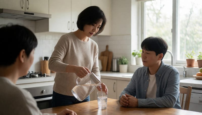 주방에서 물을 마시는 여성