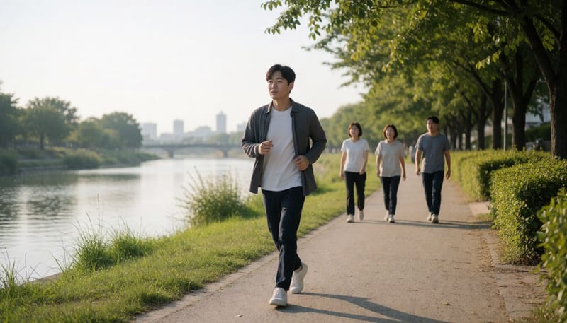 공원에서 가볍게 걷는 남성