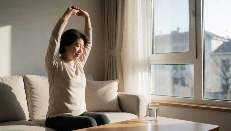 아침 햇살이 드는 거실에서 스트레칭하는 여성