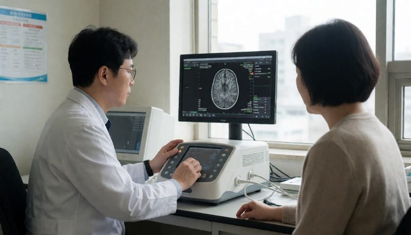 병원에서 집중초음파 장비로 뇌질환 치료 연구를 진행하는 의료진