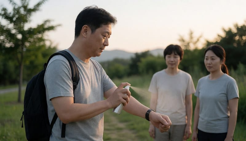 야외에서 모기기피제를 바르는 남성
