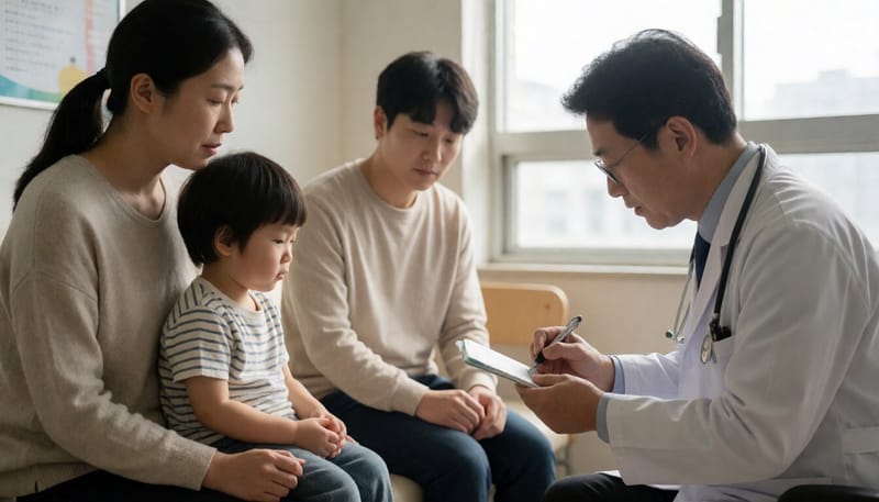 소아청소년과에서 예방접종 상담을 받는 어린이