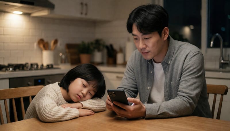 밤에 아이의 혈당 수치를 스마트폰으로 확인하는 보호자